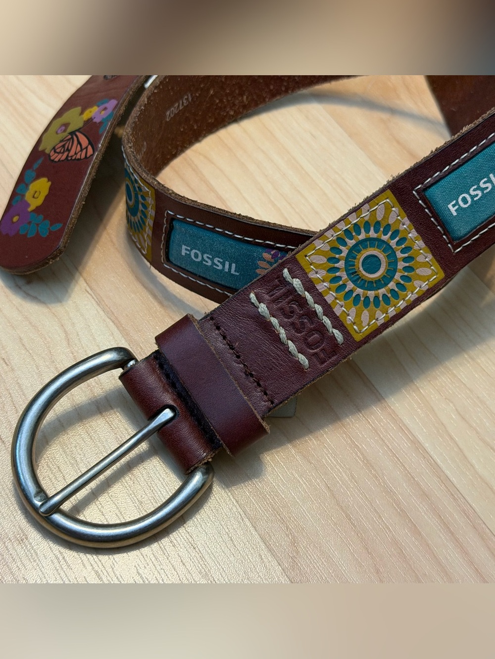 Fossil Patchwork Vintage Brown Genuine Leather Women's Belt Size Medium